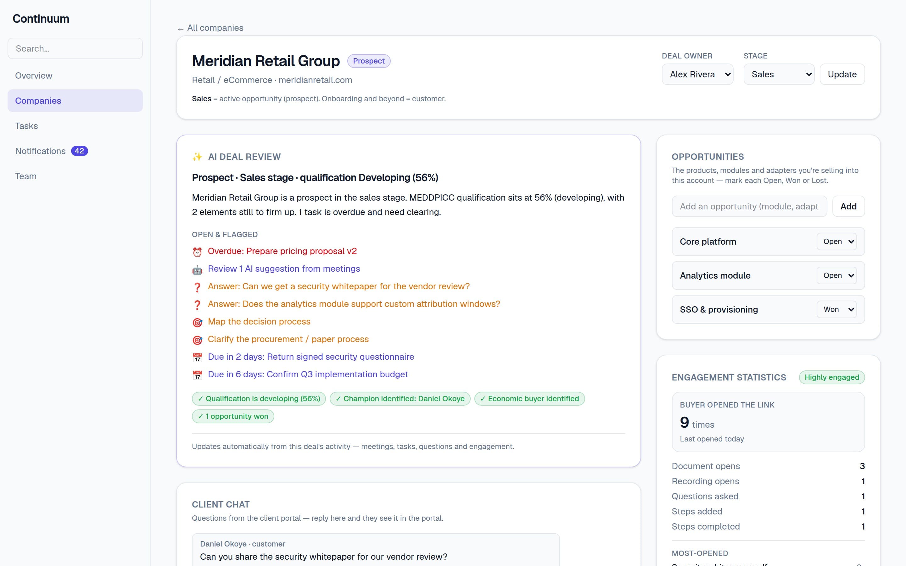 The Continuum deal room: deal status, the shared plan, buyer chat and engagement in one view.