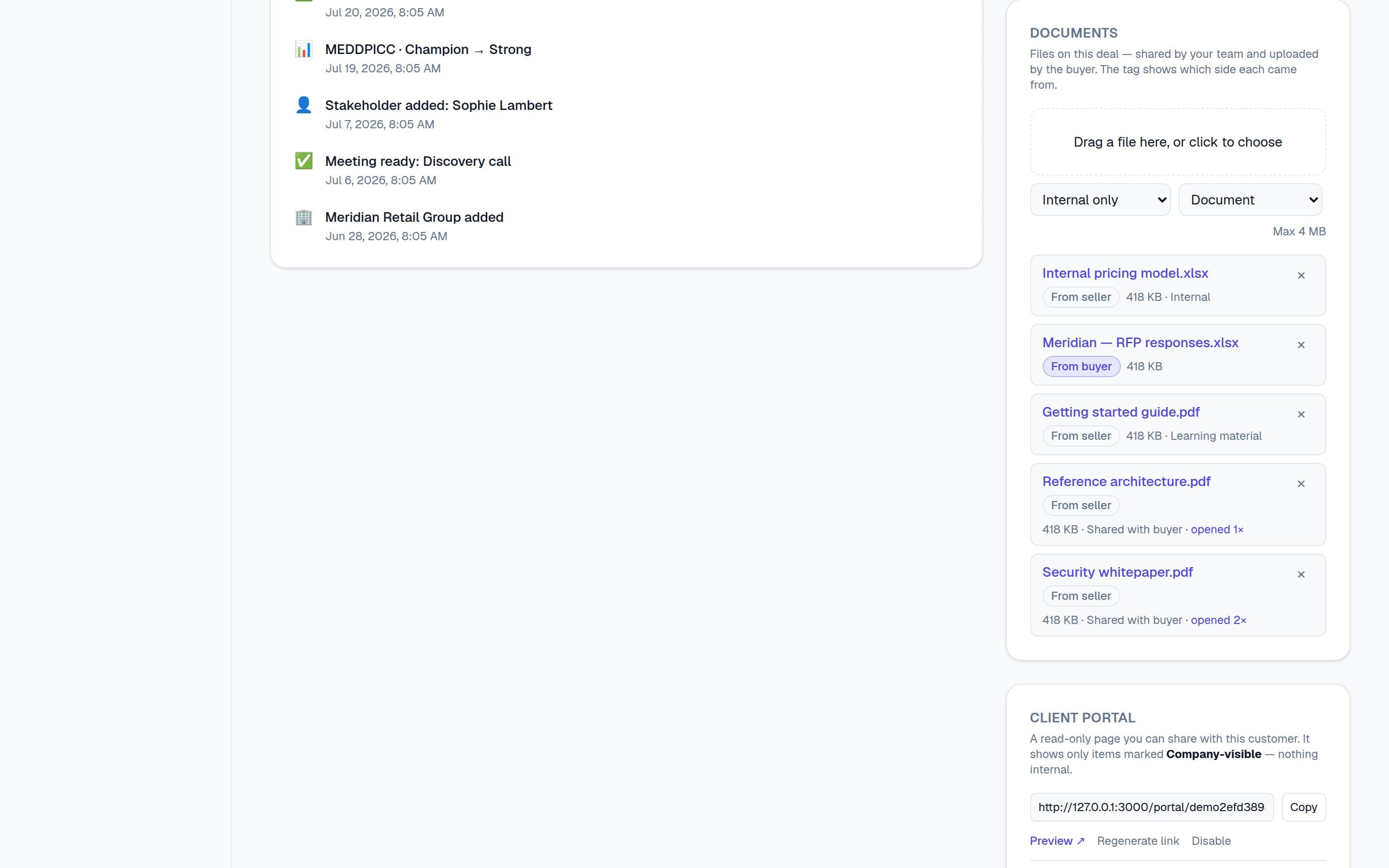The workspace timeline with documents tagged by who shared them.