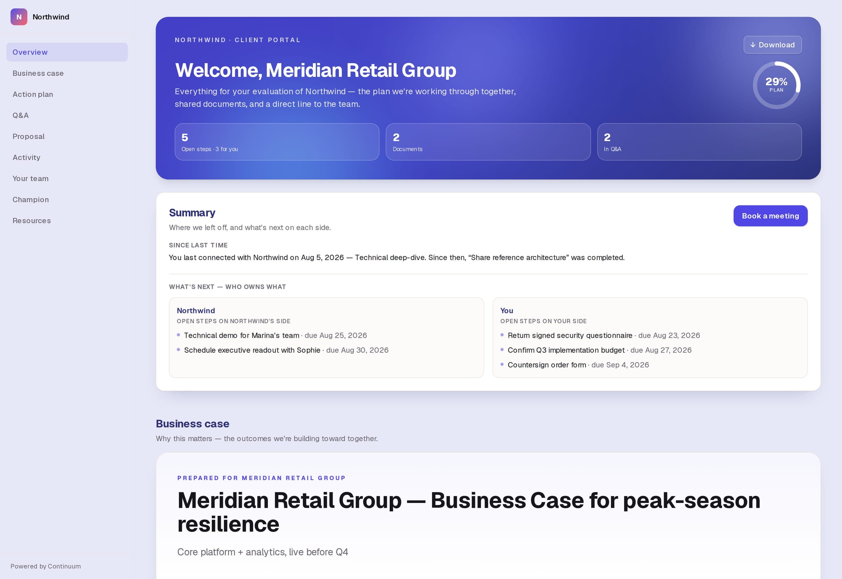 The buyer's room: a branded workspace with the shared plan, what each side owes next, and the business case.